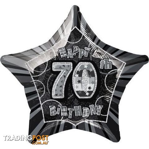 Glitz Black And Silver 70th Birthday Star 50cm (20) Foil Balloon Packaged - 011179551590