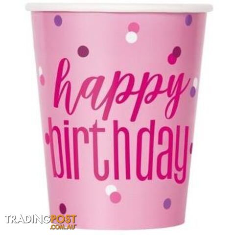 Pink Happy Birthday 8 x 270mL (9oz) Paper Cups - 011179836086