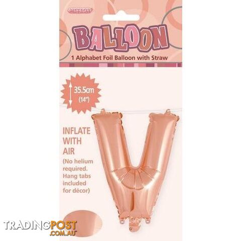 Rose Gold V Alphabet Foil Balloon 35cm (14) - 9311965447719