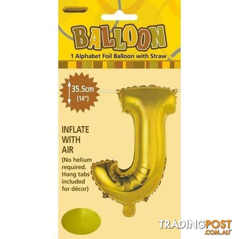 Gold J Alphabet Foil Balloon 35cm (14) - 9311965446590