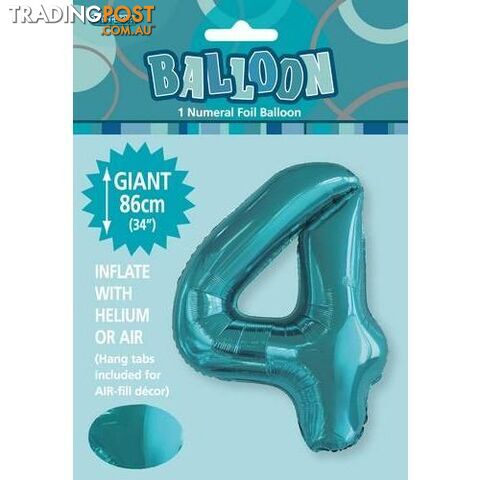 Caribbean Teal 4 Numeral Foil Balloon 86cm (34) - 9311965506348