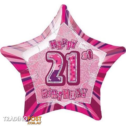 Glitz Pink 21st Birthday Star 50cm (20) Foil Balloon Packaged - 011179551071