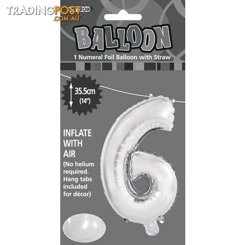 Silver 6 Numeral Foil Balloon 35cm (14) - 9311965428862