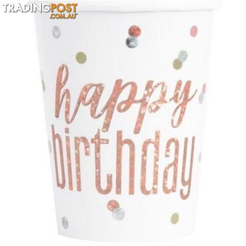 Rose Gold Happy Birthday 8 x 270mL (9oz) Prismatic Paper Cups - 011179848959