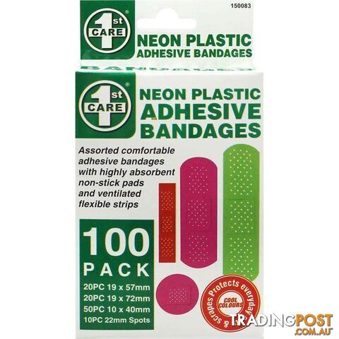 Neon Bandaids - 100 Pack Assorted Sizes - 9326243150083