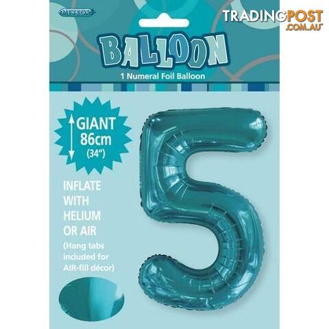 Caribbean Teal 5 Numeral Foil Balloon 86cm (34) - 9311965506355