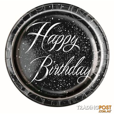 Glitz Silver Happy Birthday 8 x 23cm (9) Foil Stamped Paper Plates -...