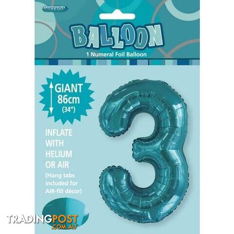 Caribbean Teal 3 Numeral Foil Balloon 86cm (34) - 9311965506331