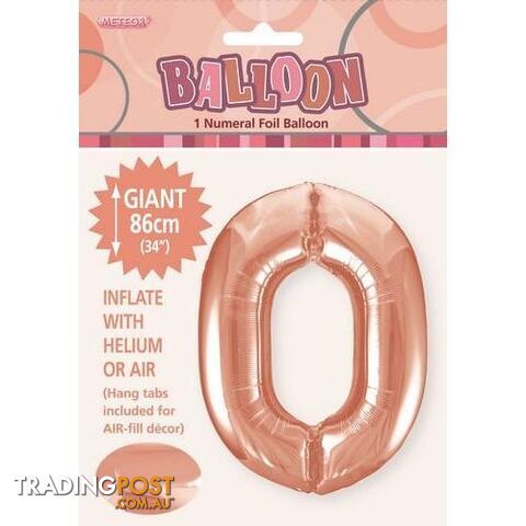 Rose Gold 0 Numeral Foil Balloon 86cm (34) - 9311965506409