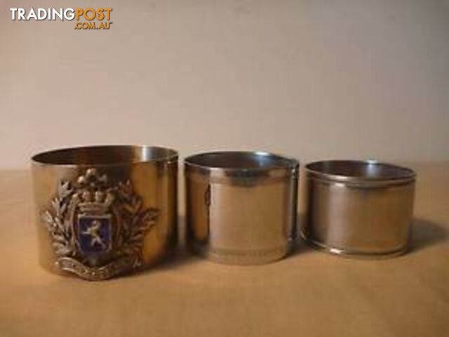 3 Napkin rings. EPNS, Trench art and Stainless steel