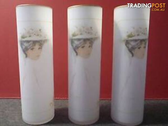 3 Japan Frosted Glass Vases, Painted dark haired Victorian Lady