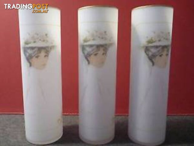 3 Japan Frosted Glass Vases, Painted dark haired Victorian Lady