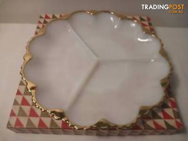 Milk Glass Divided Dish with gold edging