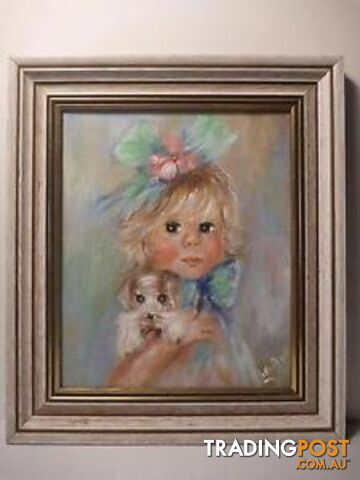Small girl with dog, original oil , signed Lilli**NOW 20% OFF**