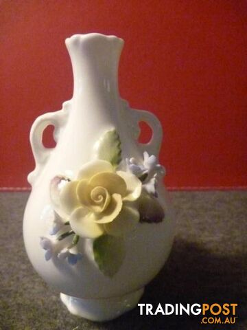 Coalport Small Double Handled Vase with porcelain flowers.