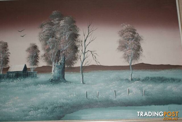 Signed Oil painting Raymond, country scene in teal **NOW 20%OFF**