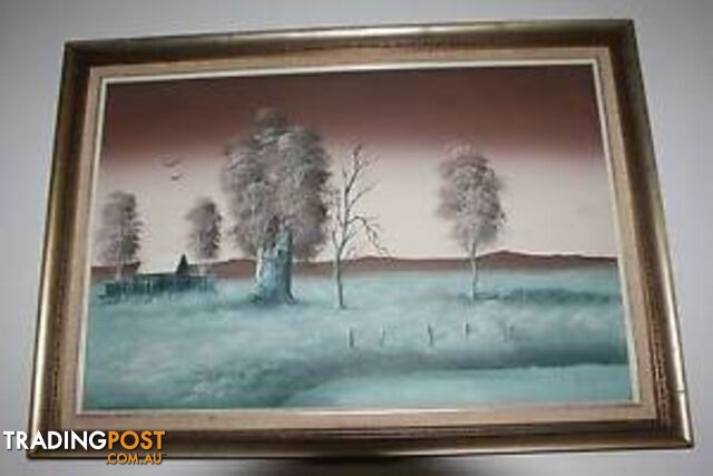Signed Oil painting Raymond, country scene in teal **NOW 20%OFF**