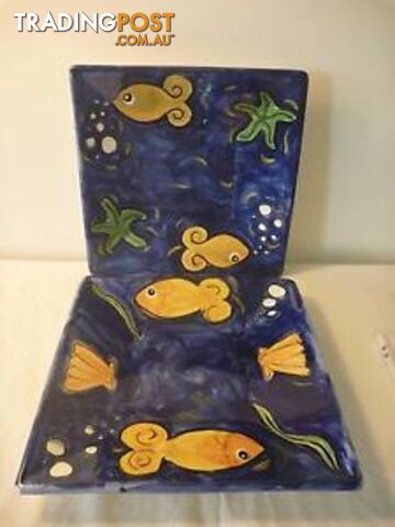 2 large square hand-painted platters with fish