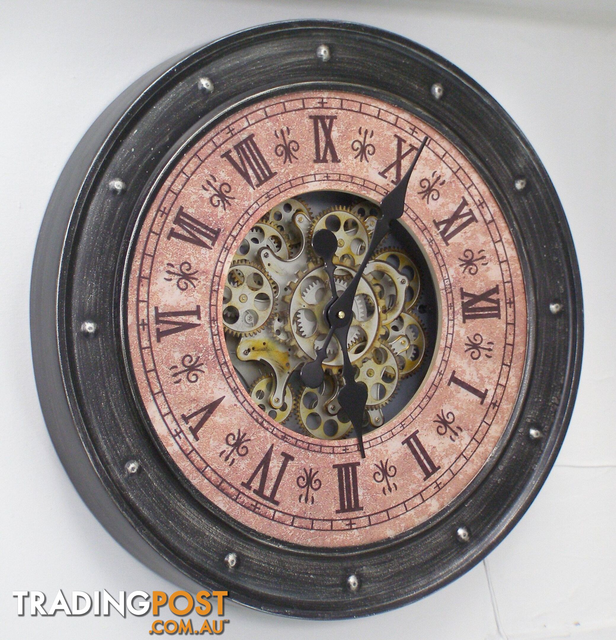 Large 60 Cm Classic Antique Look Metal Wall Clock W/ Exposed Decorative Moving Gears