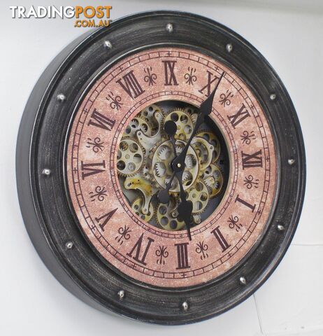 Large 60 Cm Classic Antique Look Metal Wall Clock W/ Exposed Decorative Moving Gears