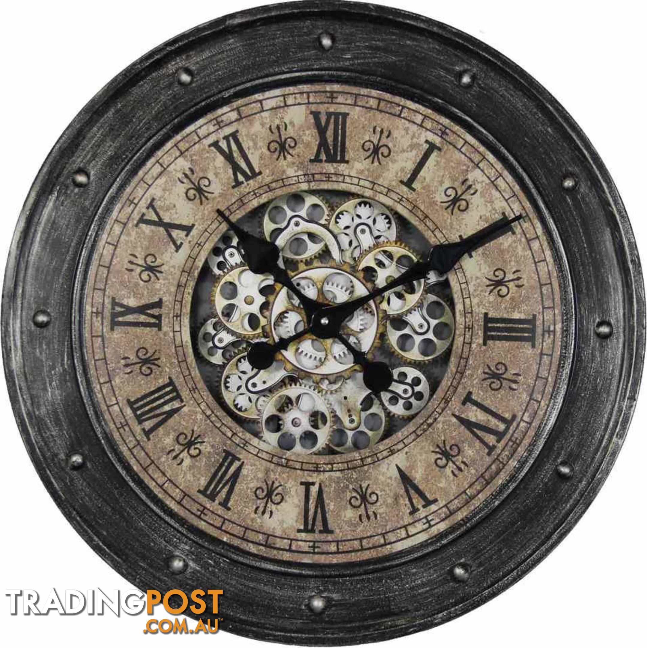 Large 60 Cm Classic Antique Look Metal Wall Clock W/ Exposed Decorative Moving Gears