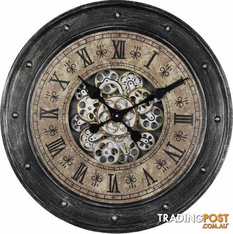 Large 60 Cm Classic Antique Look Metal Wall Clock W/ Exposed Decorative Moving Gears