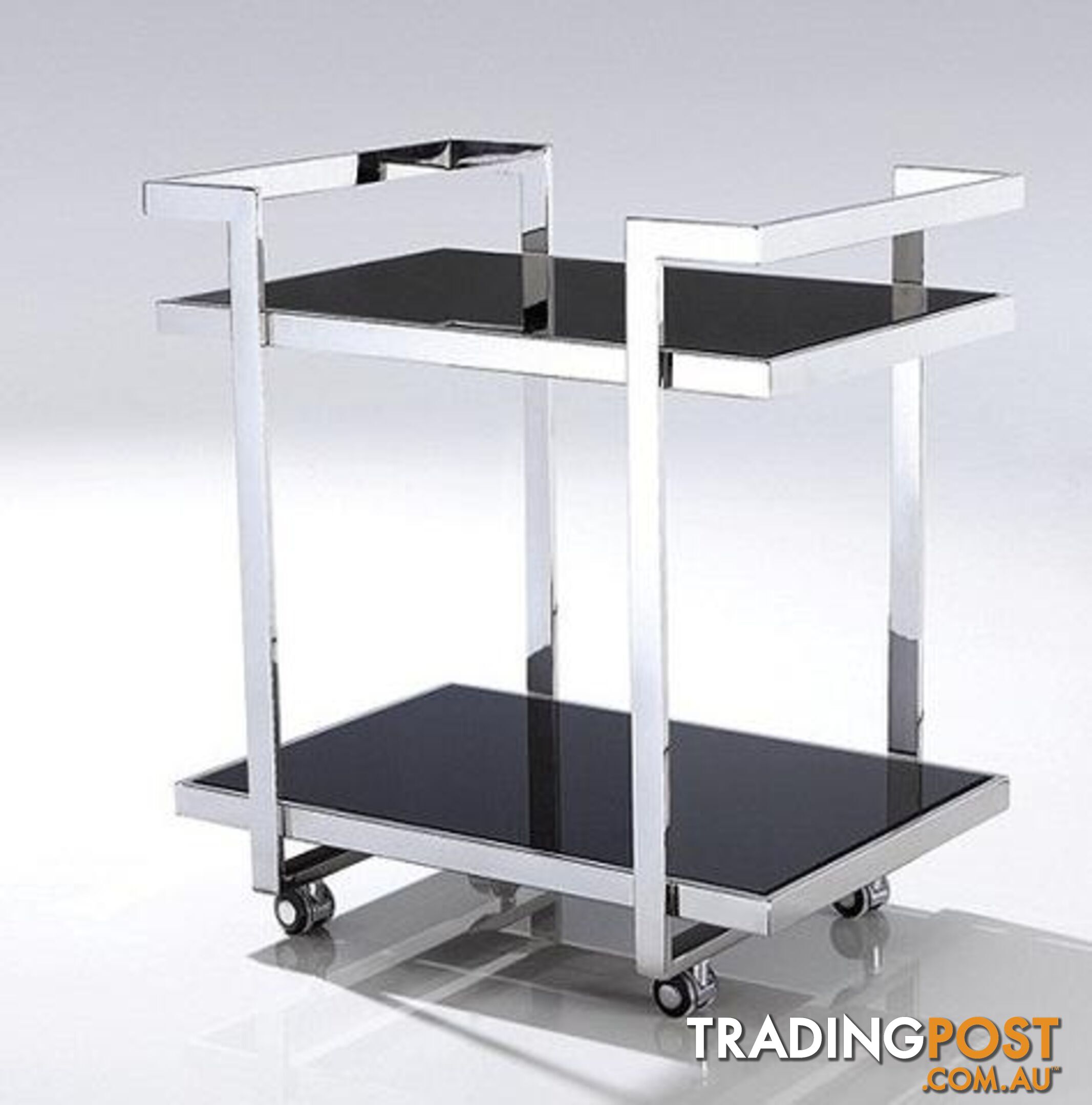 Fyda Pollished Stainless Steel Trolley With Black Tempered Glass.