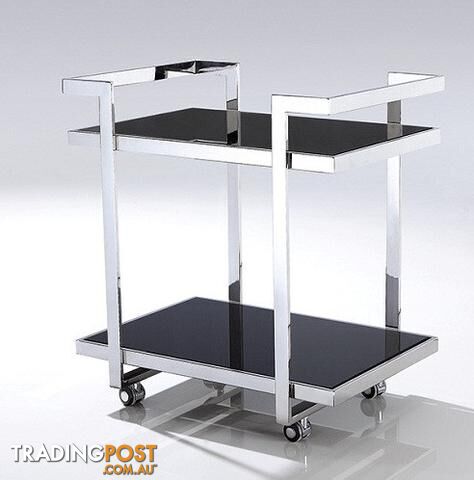 Fyda Pollished Stainless Steel Trolley With Black Tempered Glass.
