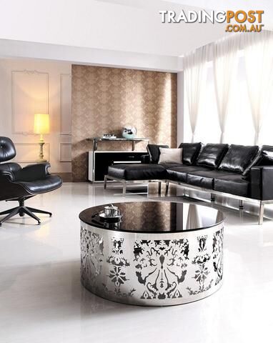 Timeless Polished Stainless Steel Round Coffee Table With Black Tempered Glass.
