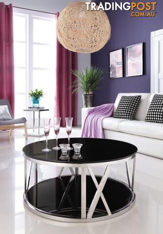 Kavir Polished Stainless Steel Round Coffee Table With Black Tempered Glass.