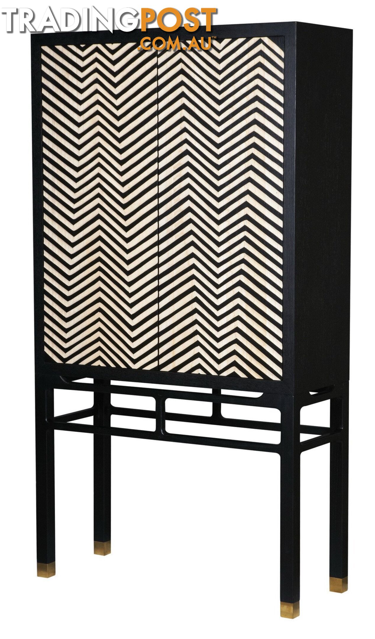 Zig Zag Carved Black Cabinet, Copper Feet