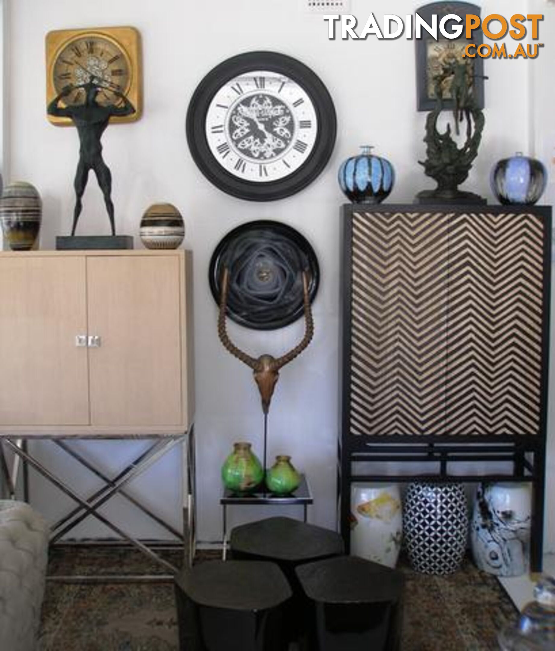 Zig Zag Carved Black Cabinet, Copper Feet