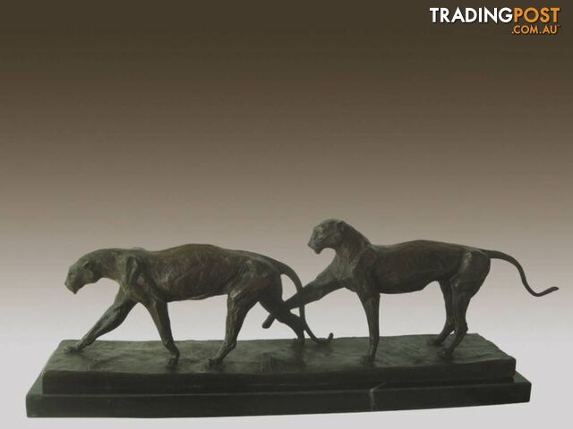 Two Wild Cat Bronze And Marble Sculpture Deco