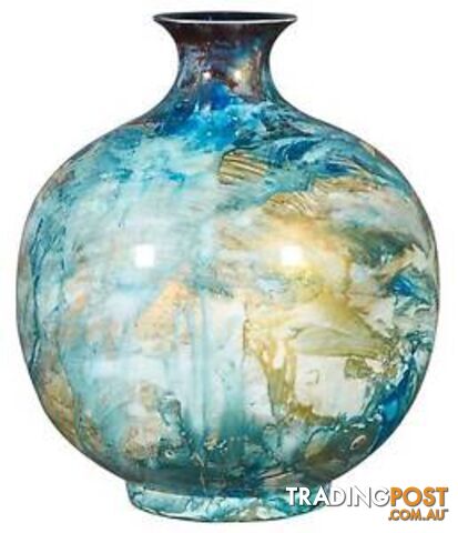 Wide Mouth Sphere Hand Painted Vase: Golden Seas