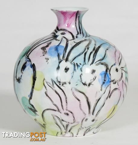Large Vintage Handpainted Vase: Rabbits