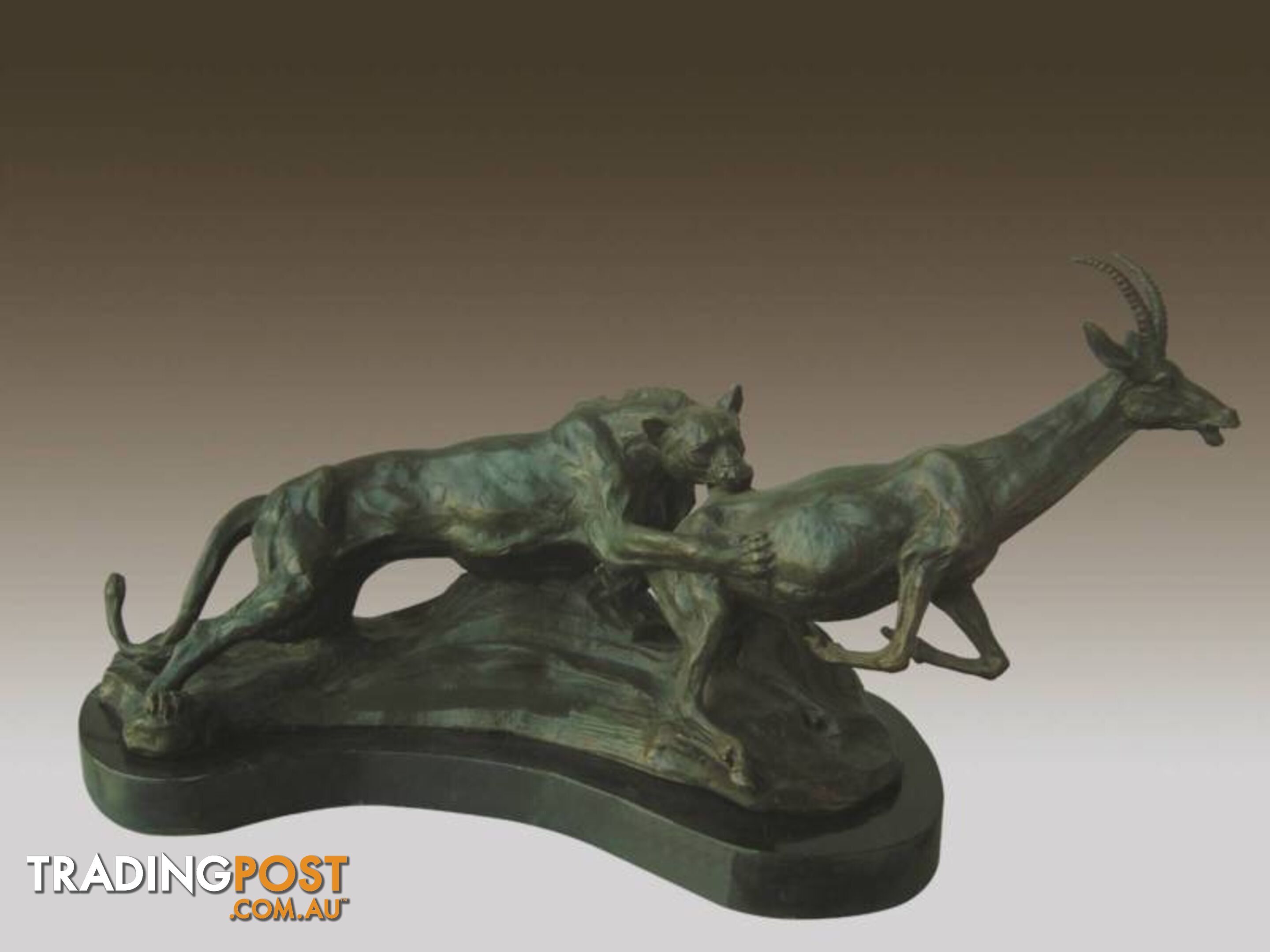 Wild Cat And Ibex Bronze And Marble Sculpture