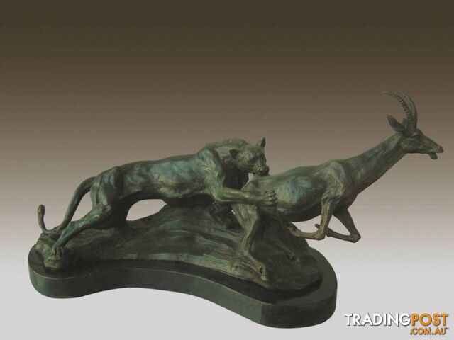 Wild Cat And Ibex Bronze And Marble Sculpture