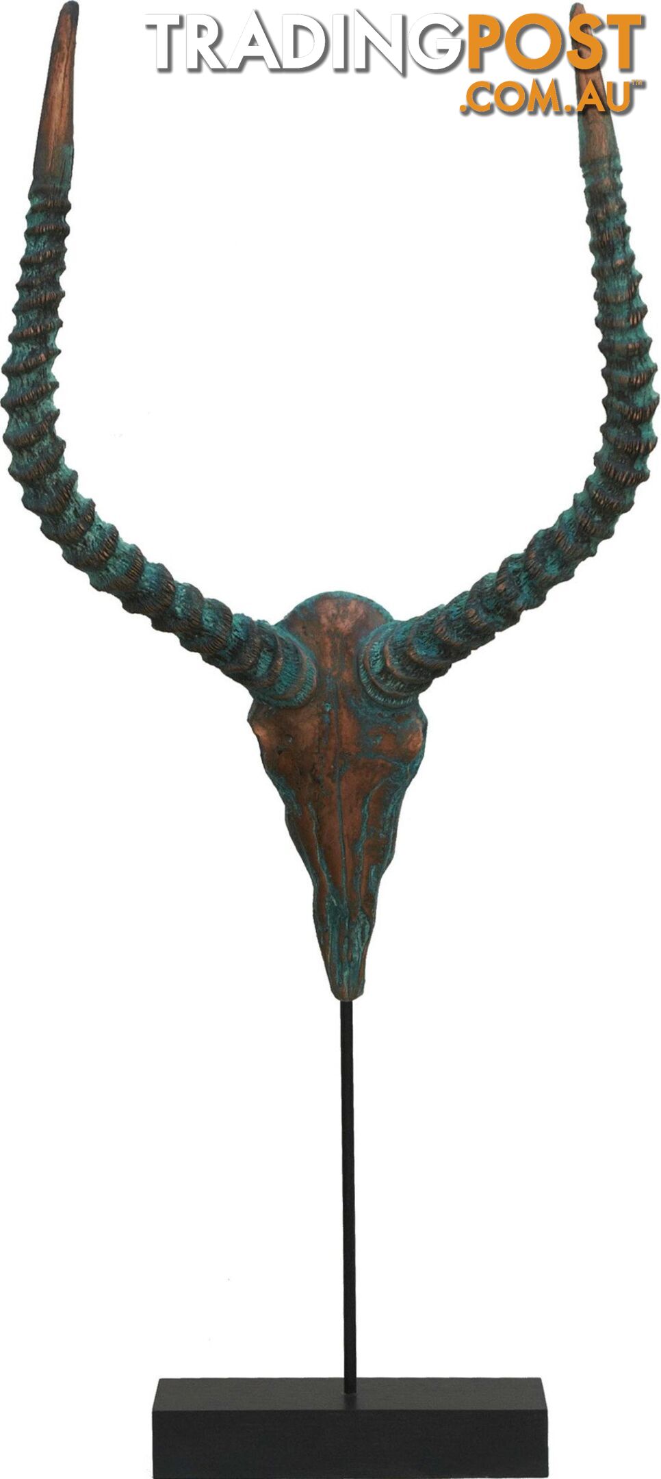 Large Sedona Southwestern Style Patina Copper Overlaid Ox Head Sculpture On Stand