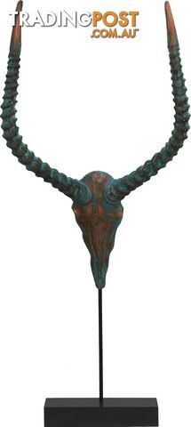 Large Sedona Southwestern Style Patina Copper Overlaid Ox Head Sculpture On Stand