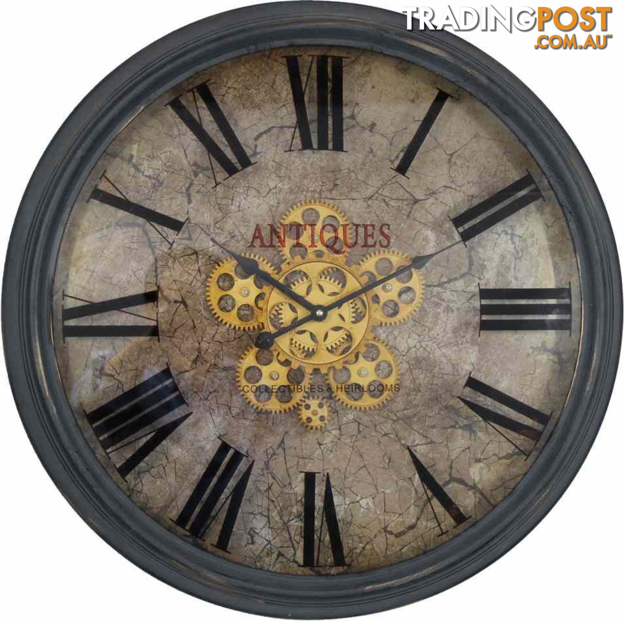 Large 62 Cm Antique Roman Numeral And Gear Detail Wall Hanging Clock