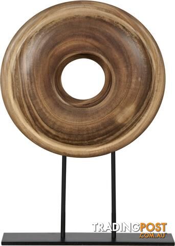 Natural Wood Disc Sculpture On Display Stand