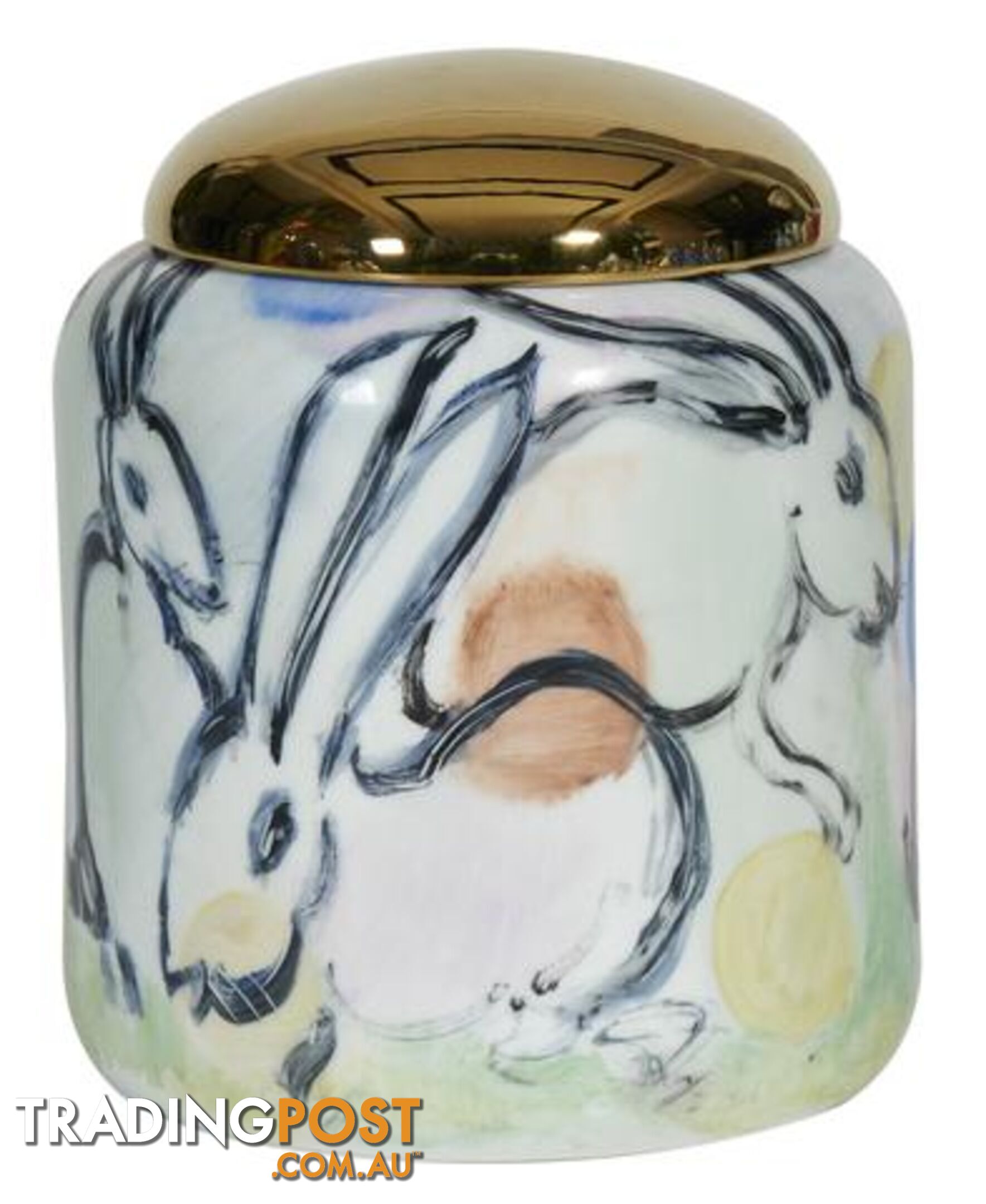 Large Golden Lid Container: Handpainted Rabbits