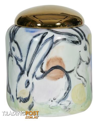Large Golden Lid Container: Handpainted Rabbits
