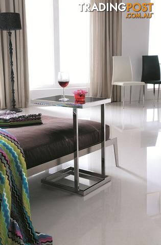 Stella Pollished Stainless Steel Side Table With Black Tempered Glass.