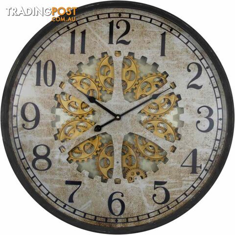 Large 60 Cm Antique Metal Wall Clock W/ Exposed Decorative Moving Gears