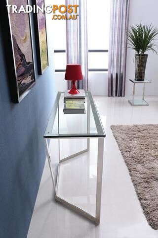 Elegant Stainless Steel Console With Clear Glass Top.