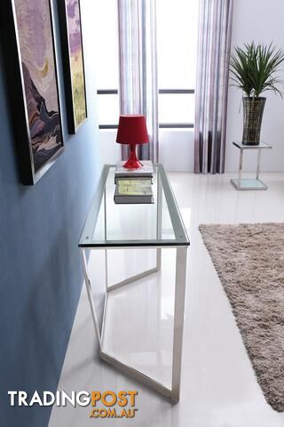 Elegant Stainless Steel Console With Clear Glass Top.