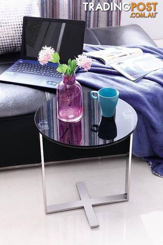 Sari Pollished Stainless Steel End Table With Black Tempered Glass.