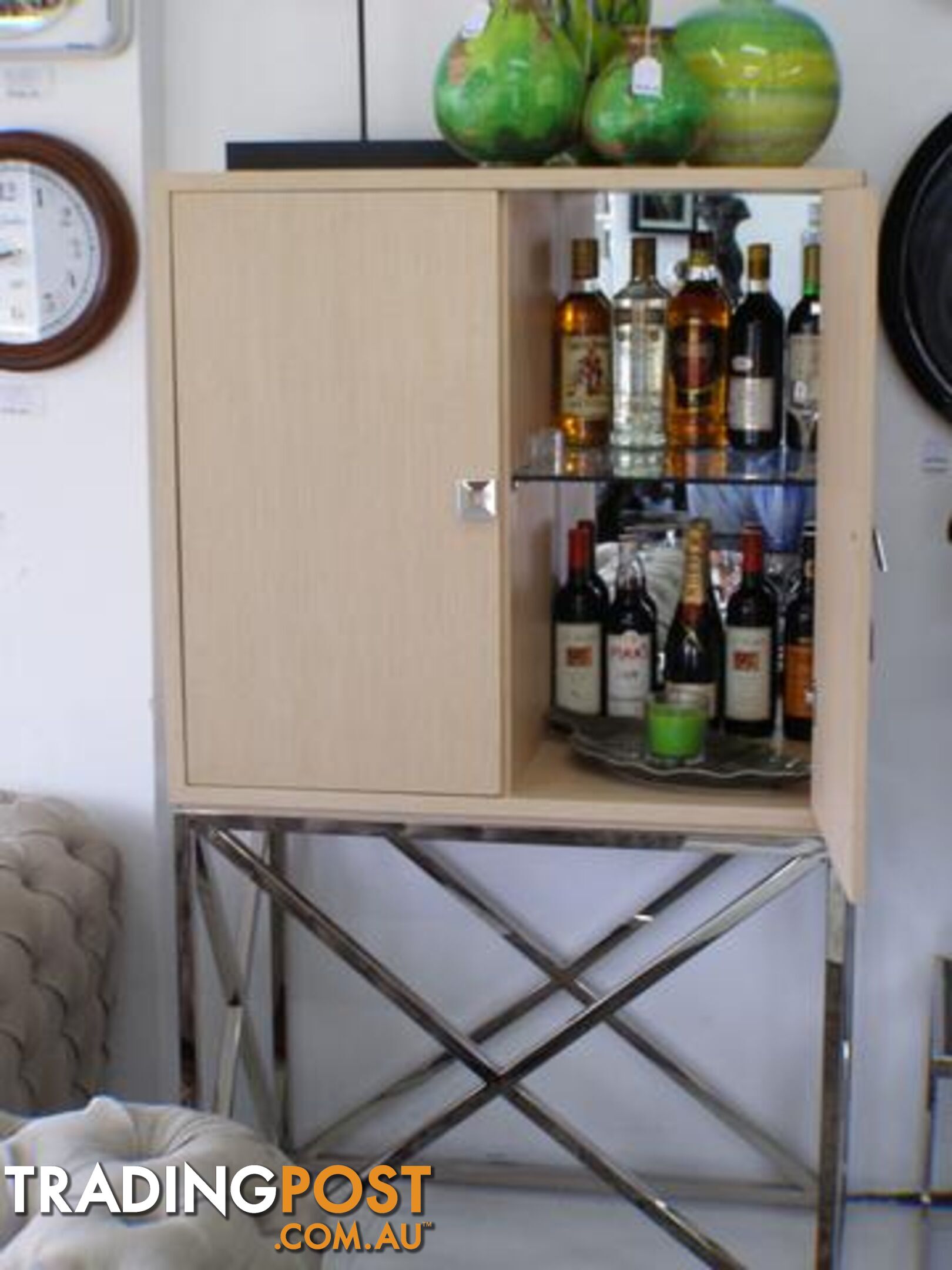 Square Oak Cabinet With Crossed Stainless Steel Legs