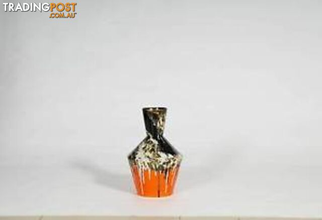 Large Textured Vintage Black And Orange Vase, Drip Painting